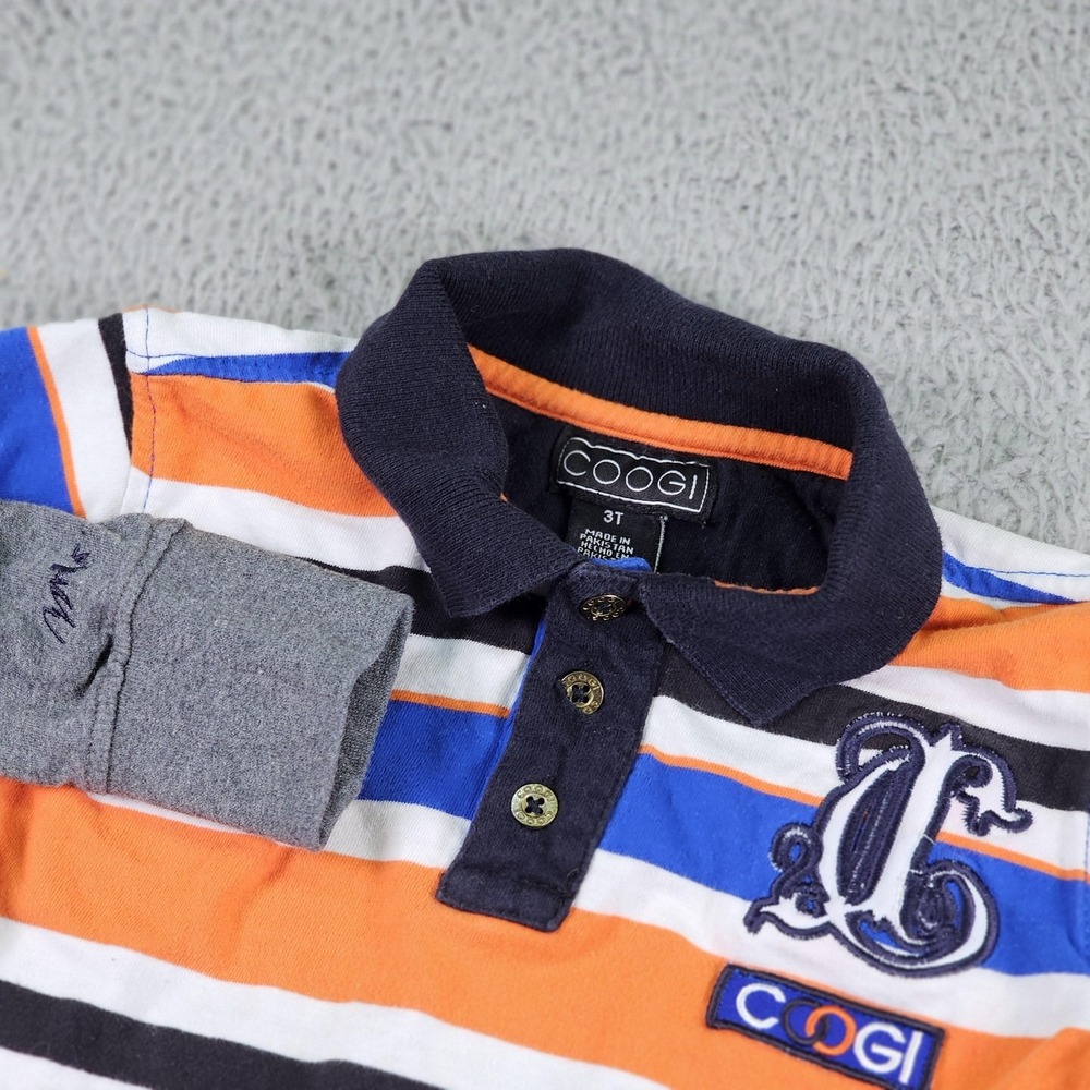 Coogi Shirt Boys 3T Orange Blue White Striped Polo Long Sleeve Embroidered Logos